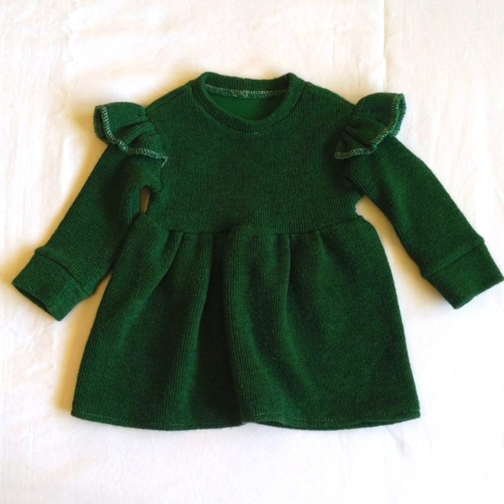 handmade green plush ribbed knit ruffle sweater dress 12-18 months baby girls